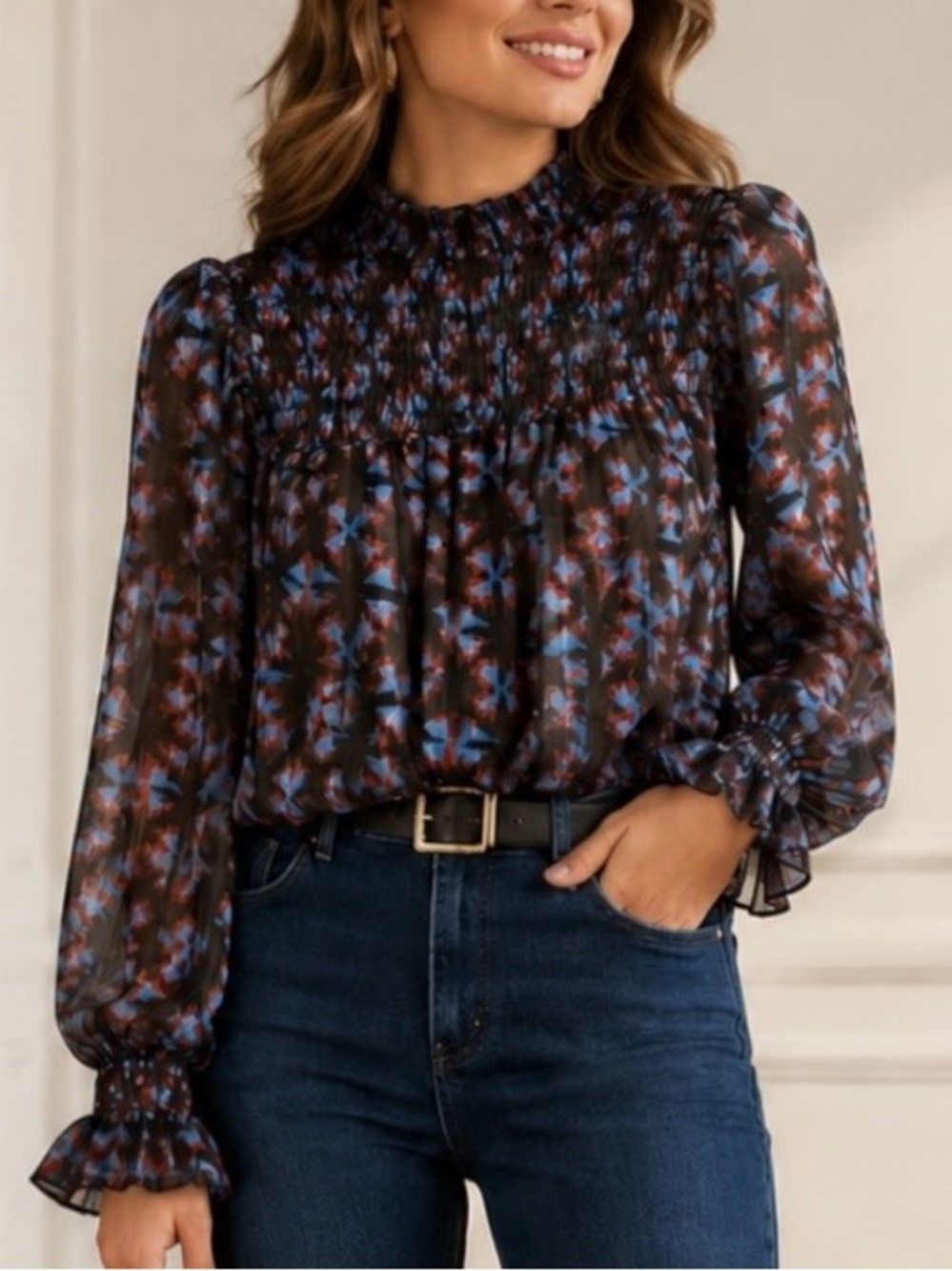 Elan Brown Geo Foil Bell Sleeve Blouse